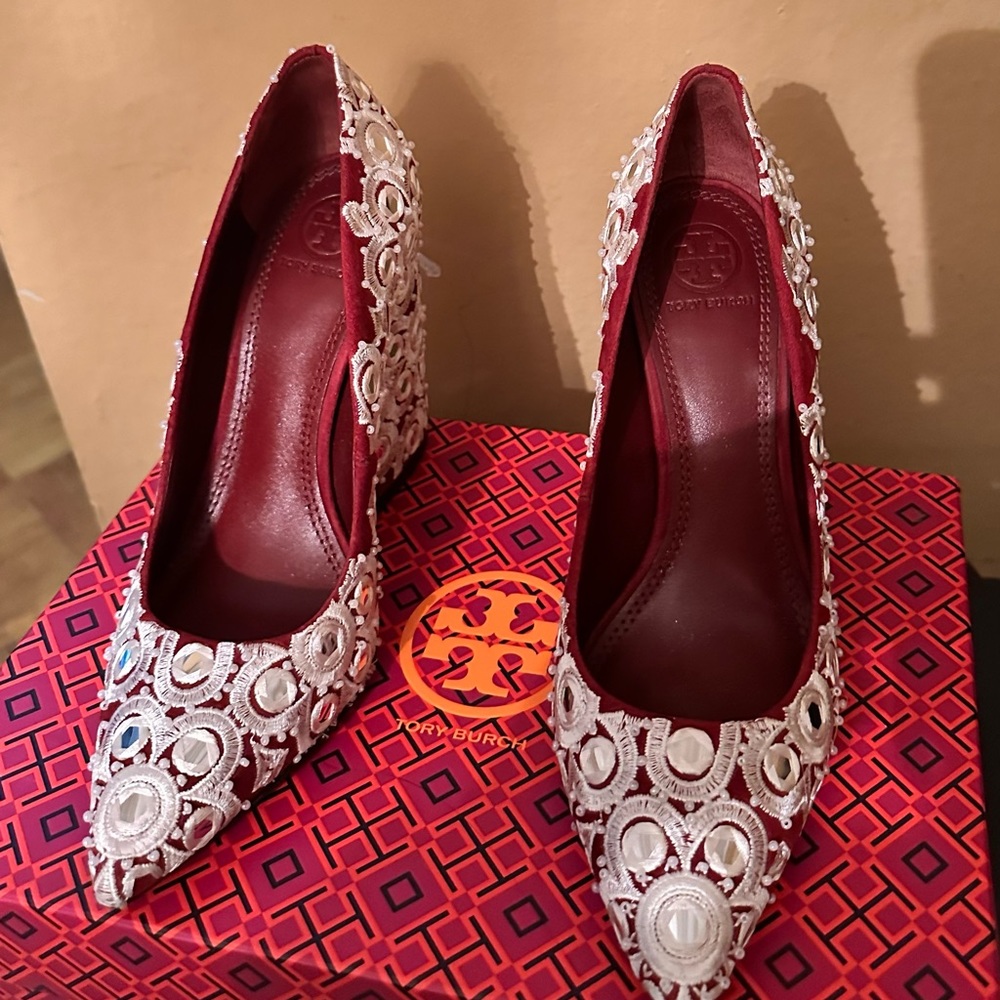 Tory Burch Red and White Embellished Heels